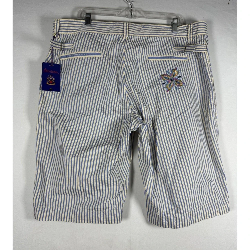 NWT Robert Graham Shorts Men 40 Blue Yellow Pinstripe Side Fastner Colorful Trim